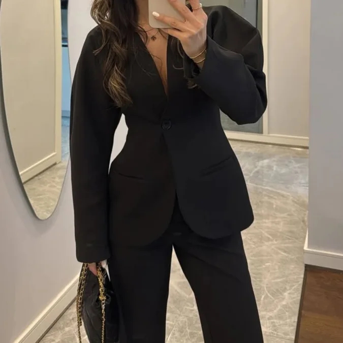 Women Formal Wear Black - 2025 New Women Black V Neck